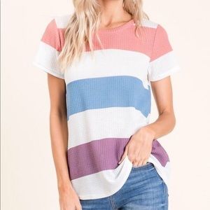 Colorblock Waffle Knit Short Sleeve Spring Top
